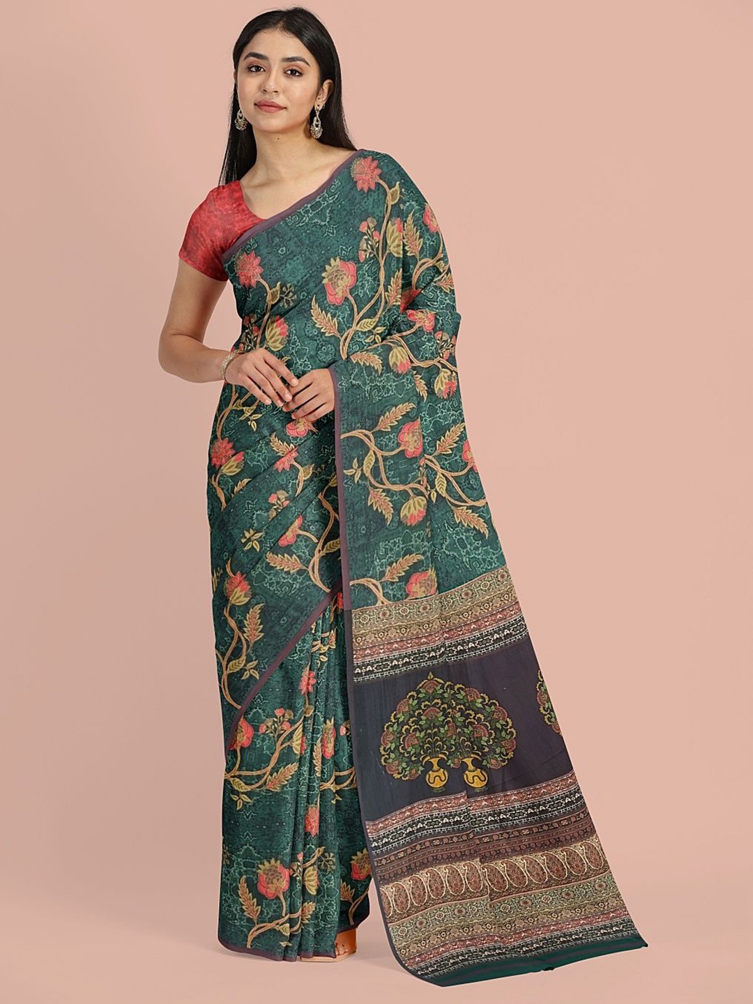 

Avyay Creation Floral Printed Silk Crepe Saree, Green