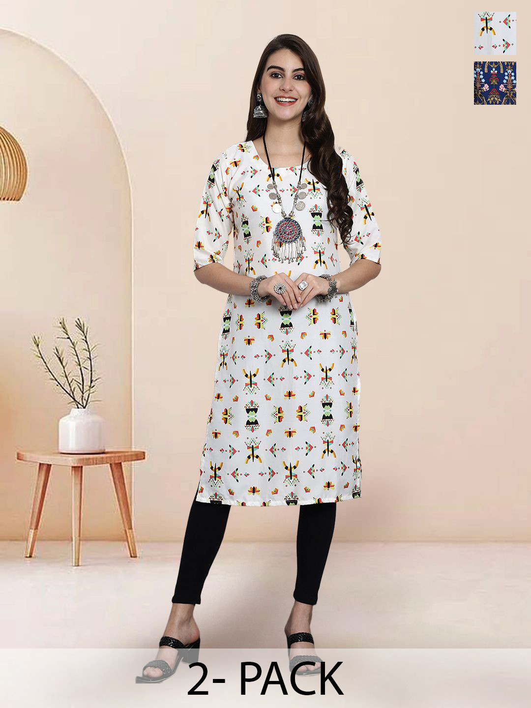 

7Threads Selection of 2 Floral Printed Round Neck Straight Kurtas, White