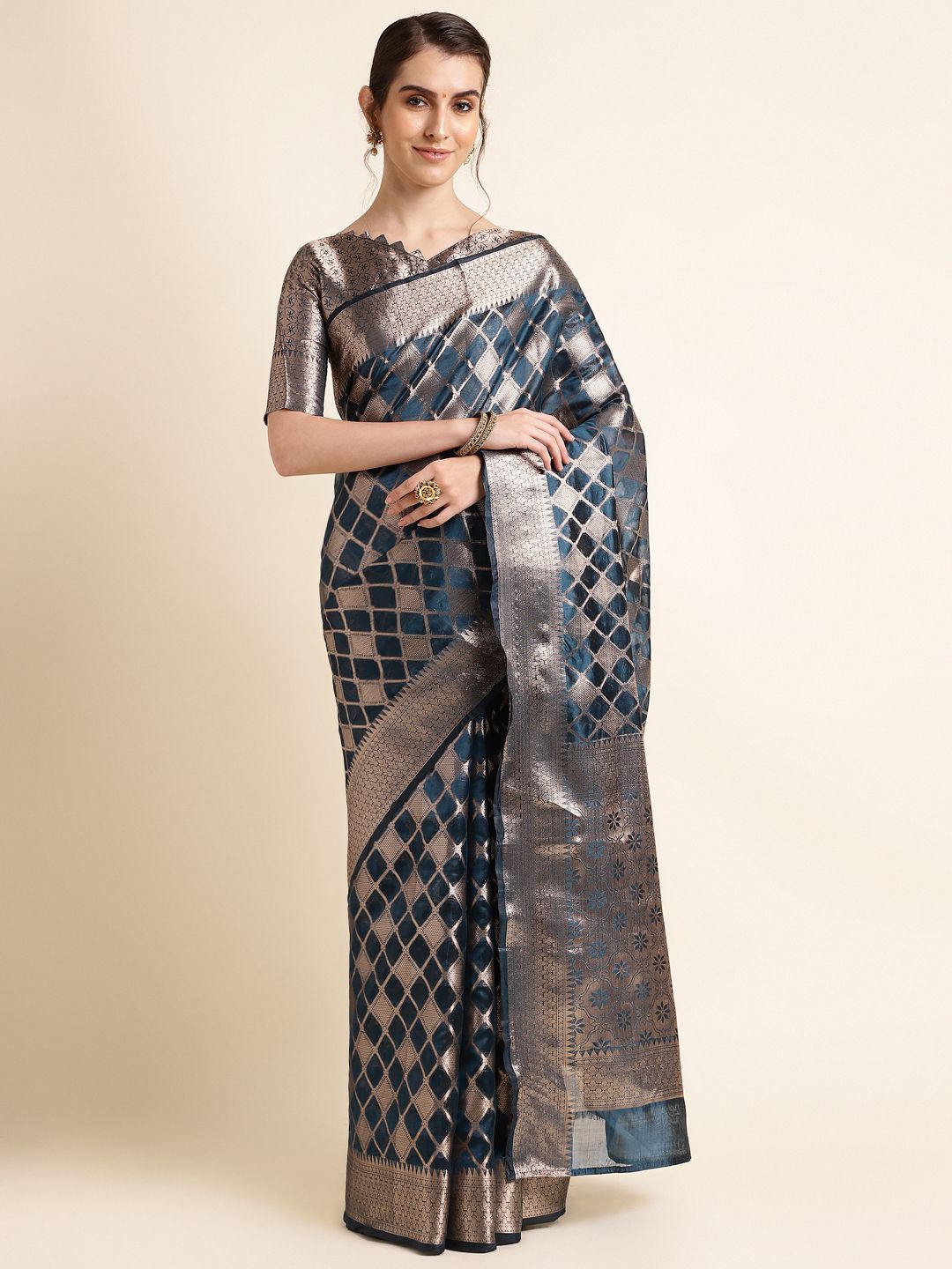 

Melok Woven Design Zari Organza Saree, Navy blue