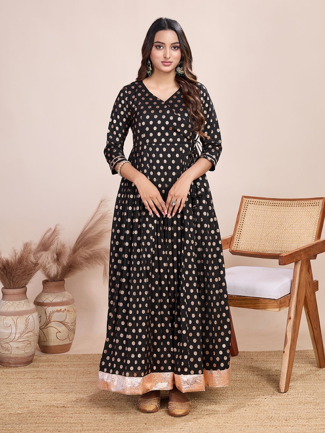 

Tasarika Printed V-Neck Maxi Ethnic Dress, Black