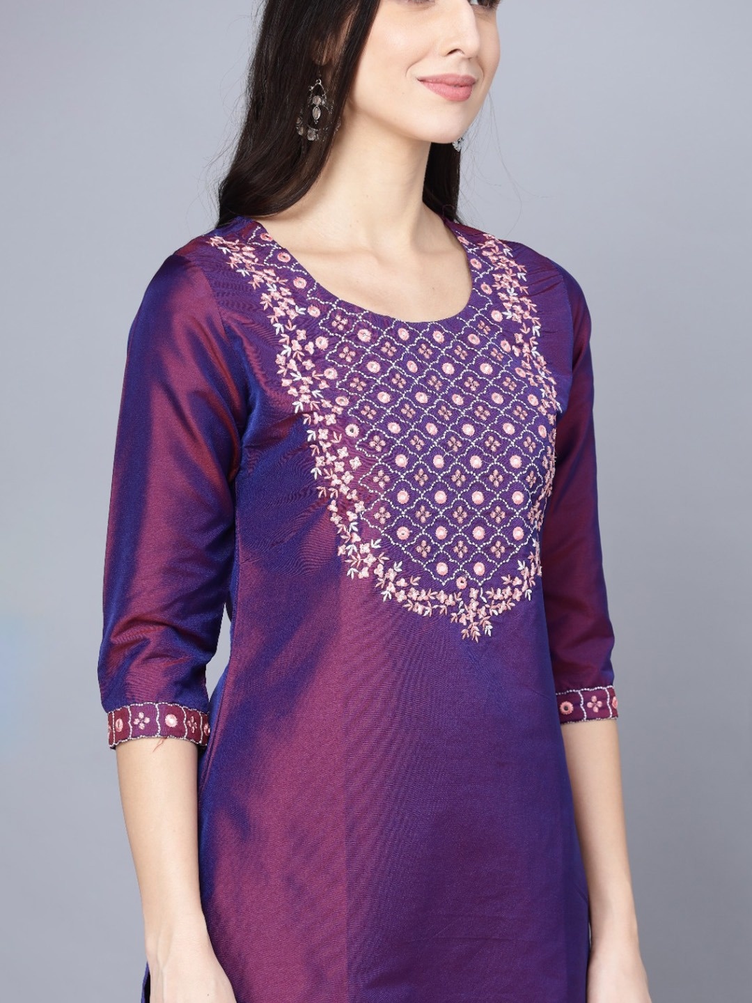

BAESD Women Floral Yoke Design Regular Thread Work Kurta with Trousers, Purple
