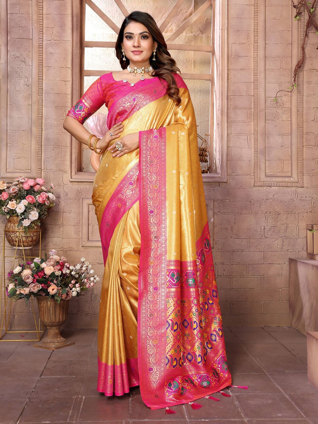 

Mitera Woven Design Zari Silk Blend Banarasi Saree, Yellow