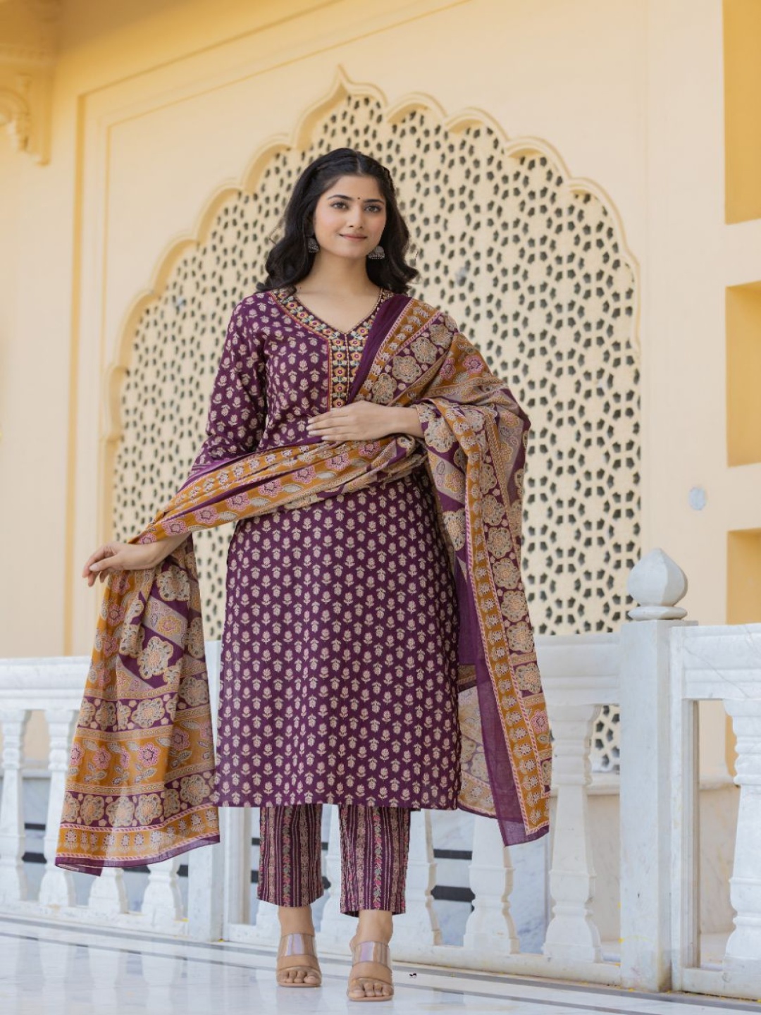 

AARDRAA Floral Printed Mirror Work Pure Cotton Straight Kurta With Trousers & Dupatta, Purple