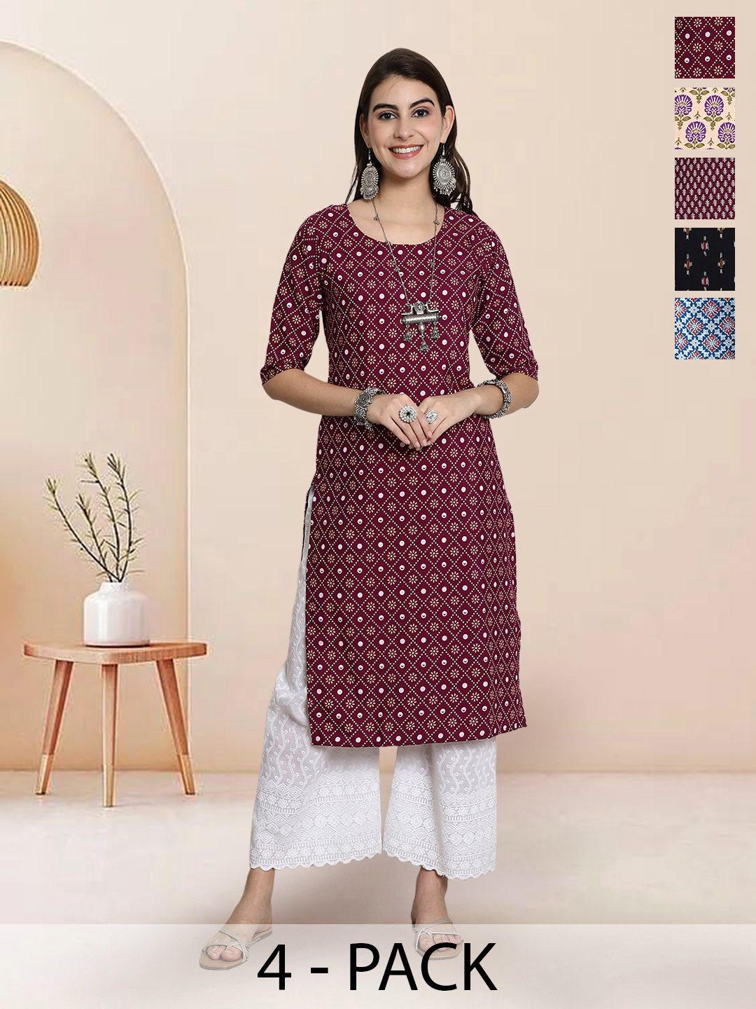 

7Threads Selection of 6 Ethnic Motifs Printed Round Neck Straight Kurtas, Maroon