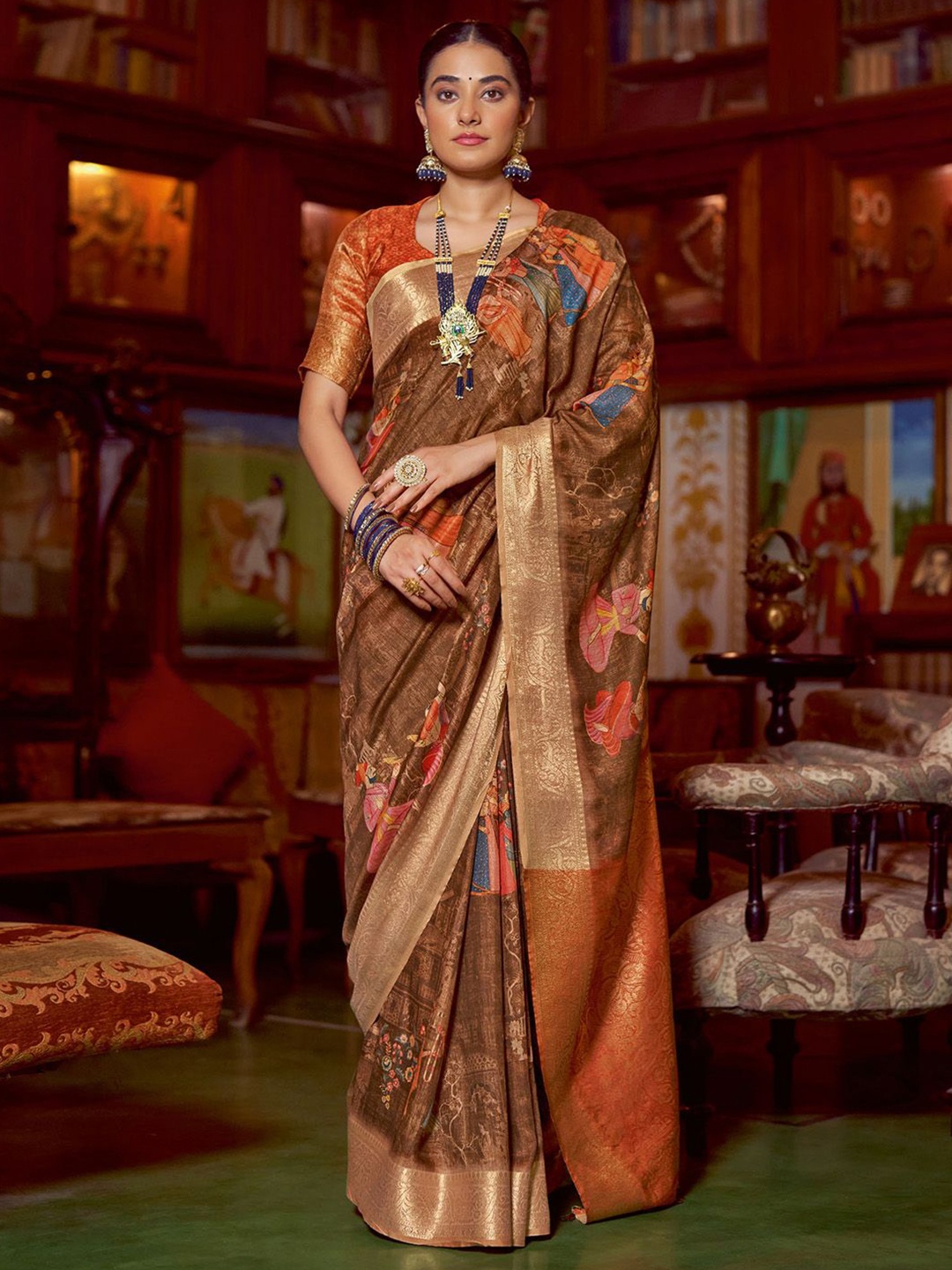 

Mitera Kalamkari Sungudi Saree, Brown