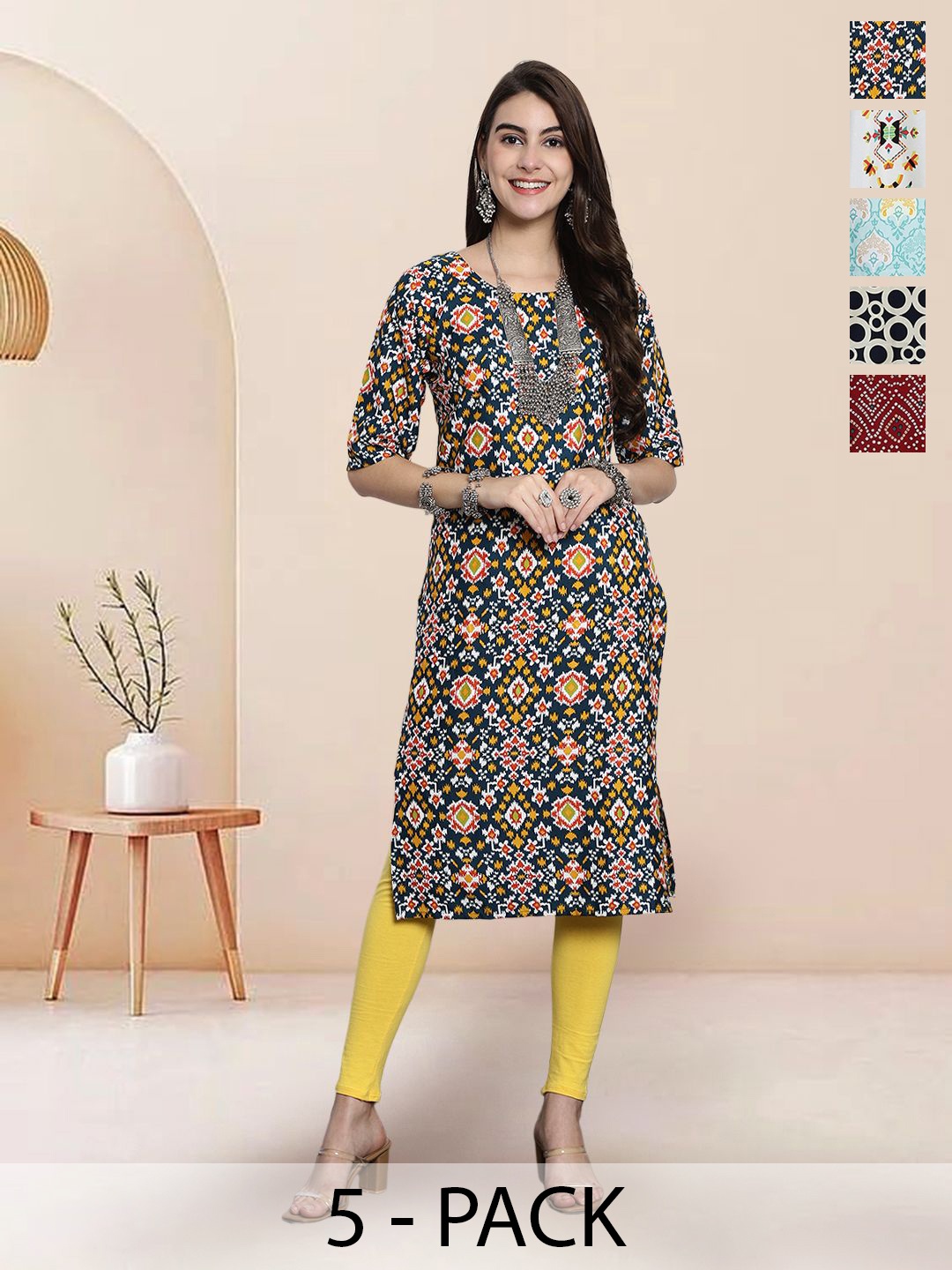 

7Threads Selection Of 5 Floral Printed Straight Kurtas, Black