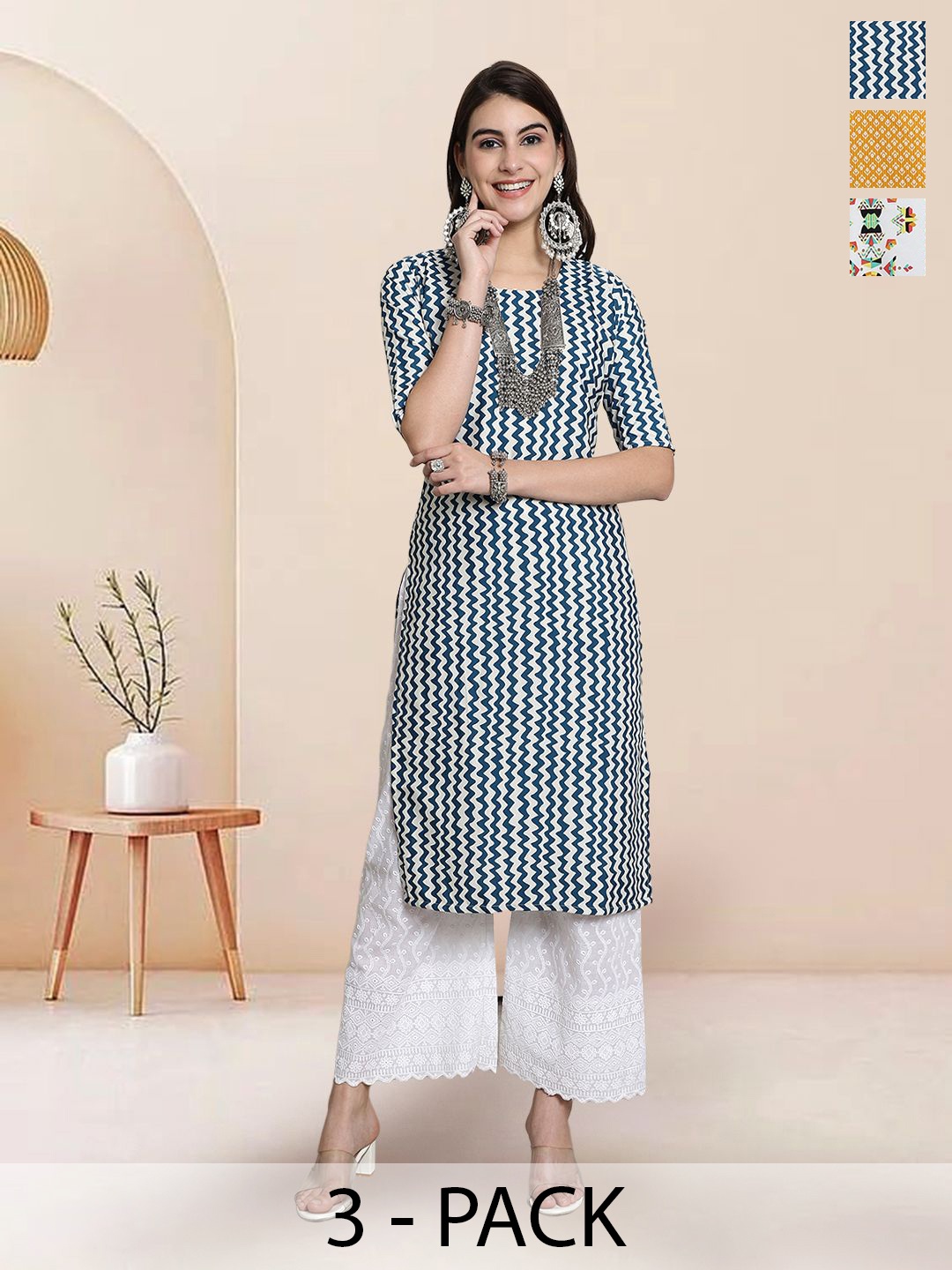 

7Threads Selection of 3 Chevron Printed Round Neck Straight Kurtas, White