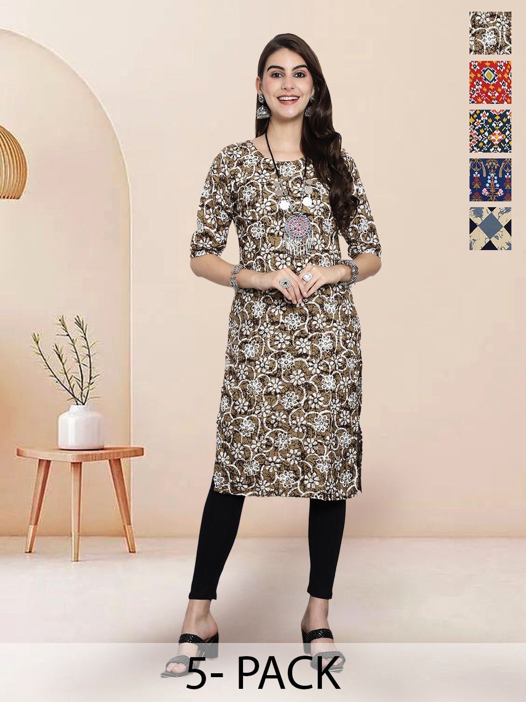 

7Threads Selection Of 5 Floral Printed Round-Neck Kurta, Brown