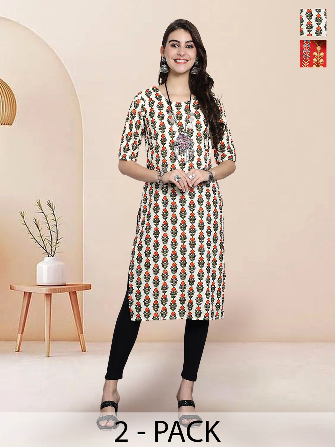

7Threads Selection Of 2 Floral Printed Round Neck Straight Kurtas, Off white