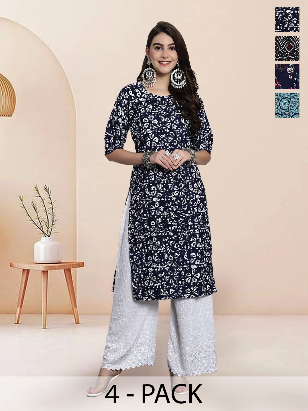 

7Threads Selection of 4 Floral Printed Round Neck Straight Kurtas, Black
