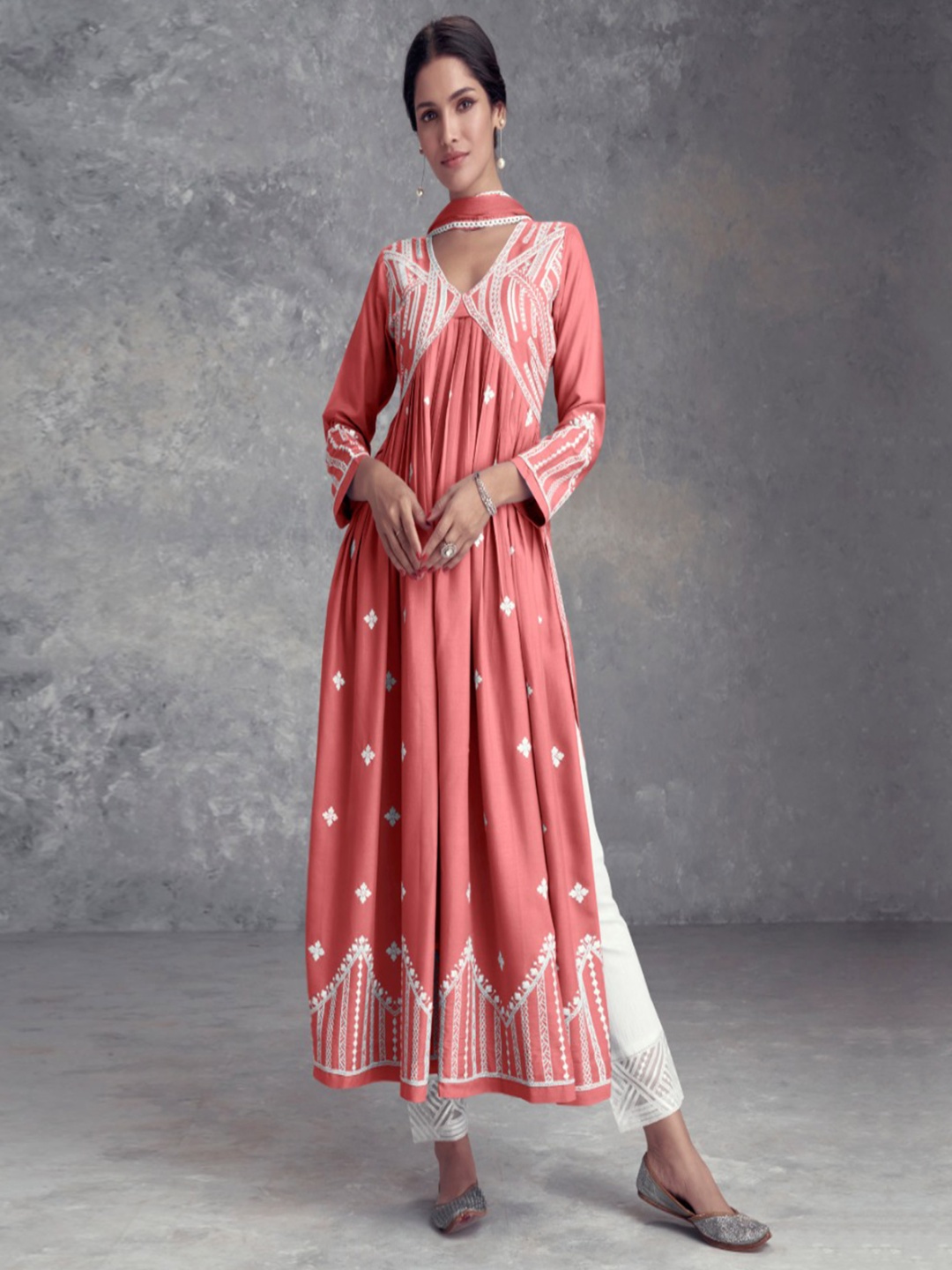 

Peachmode Floral Lucknowi Embroidered A-Line Kurta with Trousers & With Dupatta, Peach