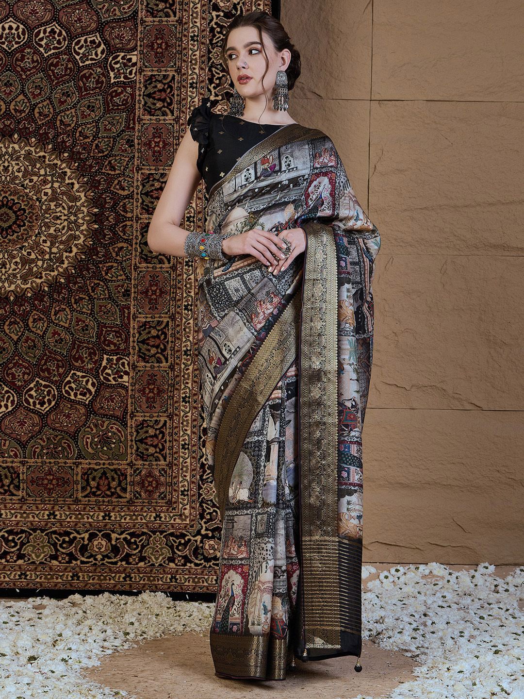 

Anouk Kalamkari Zari Silk Blend Sungudi Saree, Grey