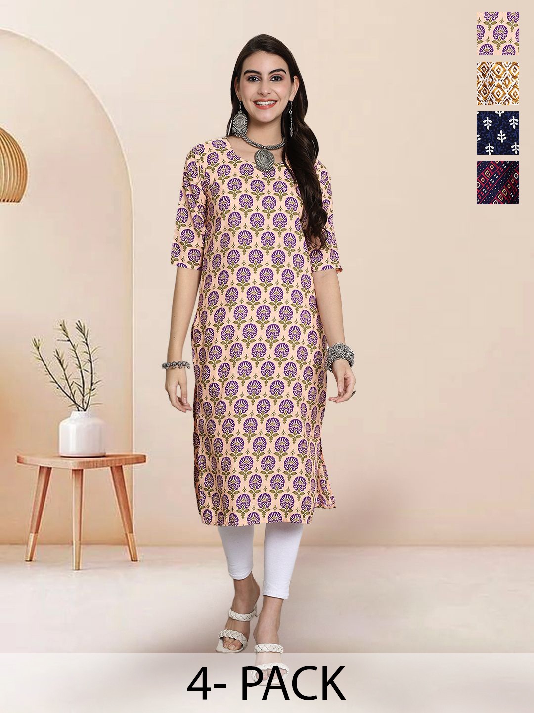 

7Threads Selection Of 4 Floral Printed Round Neck Straight Kurtas, Cream