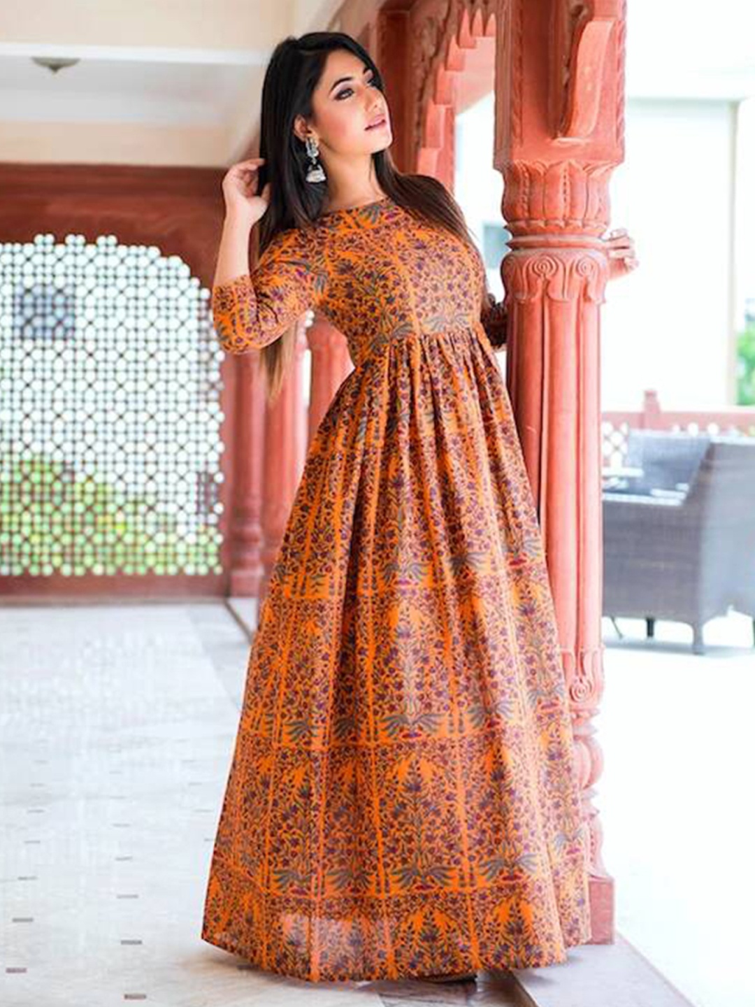 

ODETTE Women Floral Printed Mirror Work Anarkali Kurta, Yellow