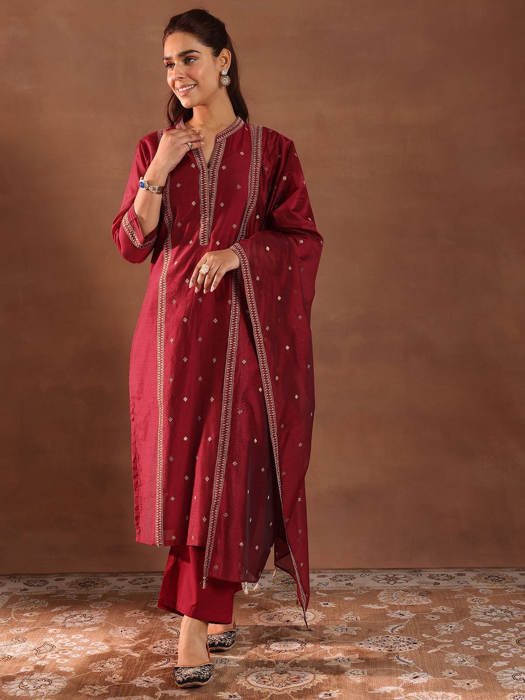 

Libas Geometric Woven Design Zari Chanderi Silk Straight Kurta With Trousers & Dupatta, Maroon