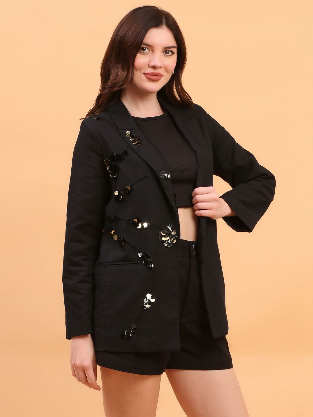 

ECO LEAS BY SHIPRA Tailored-Fit Notched Lapel Single Breasted Blazers, Black