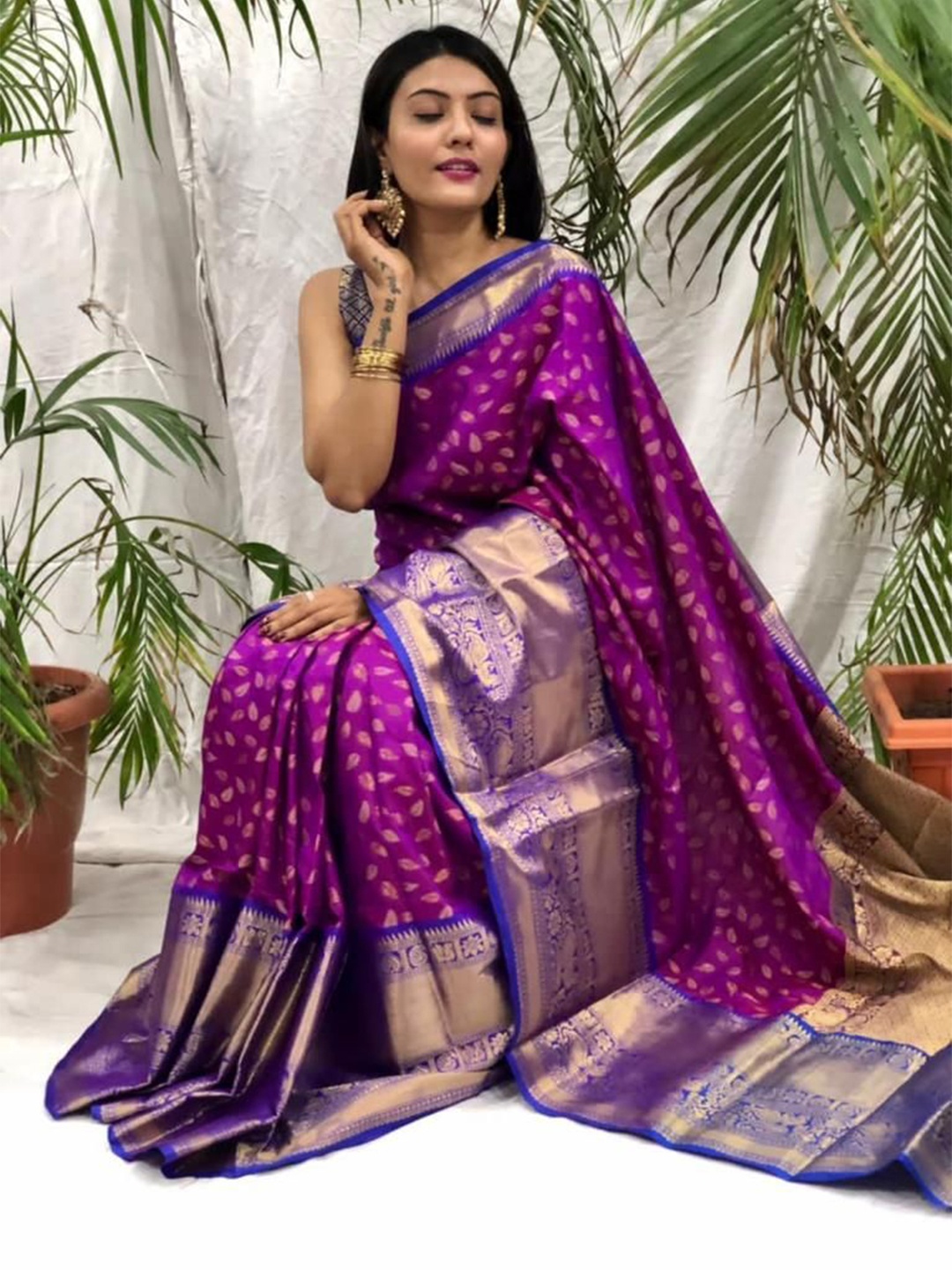

ZIBLON Woven Design Zari Pure Silk Kanjeevaram Saree, Lavender