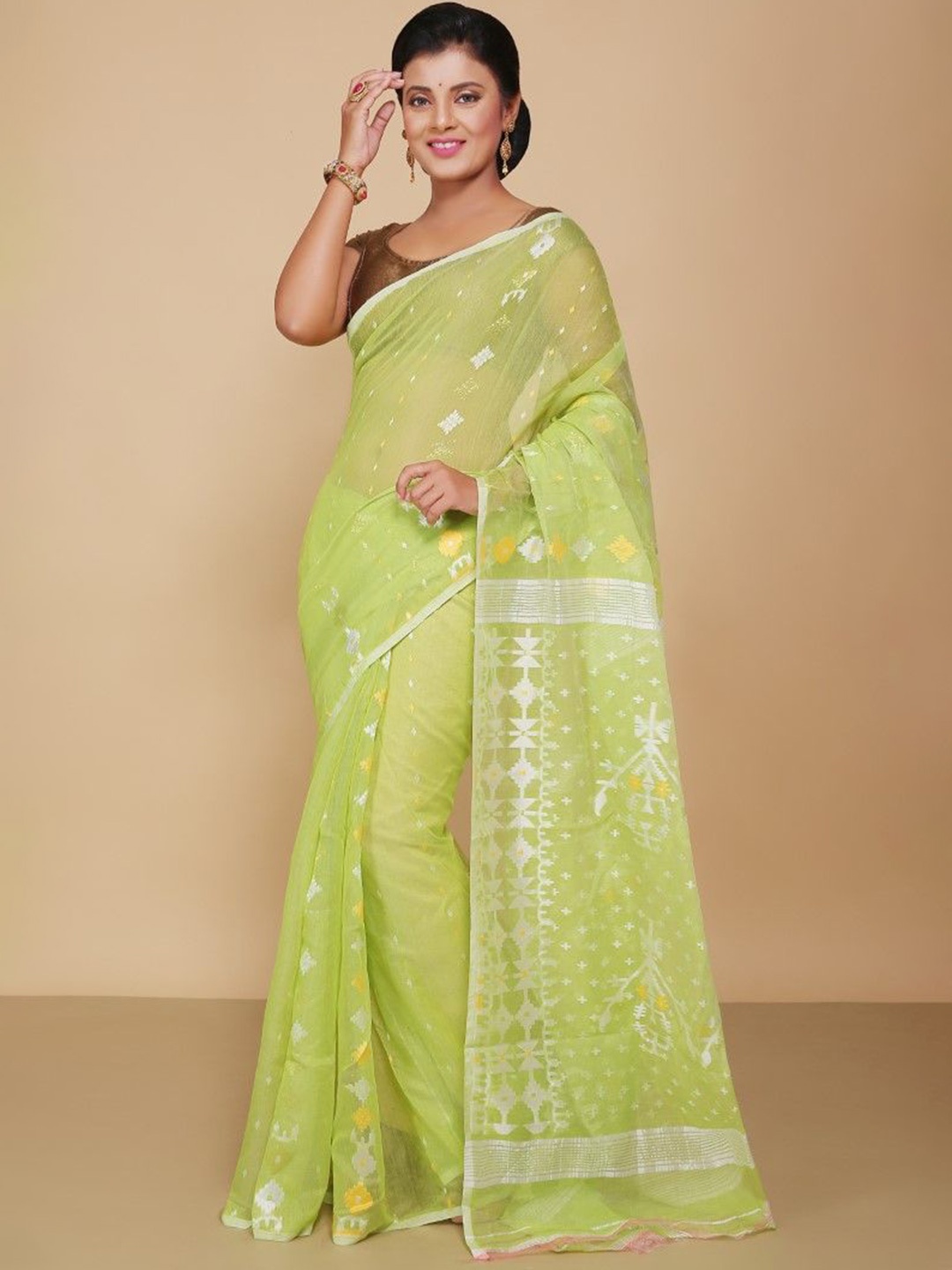 

BENGAL HANDLOOM Woven Design Art Silk Jamdani Saree, Green