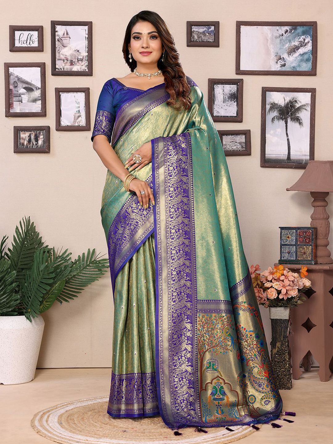 

Mitera Woven Design Zari Silk Blend Designer Banarasi Saree, Blue