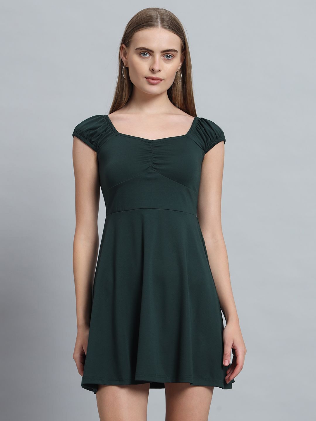 

ND & R Women Strechable Solid Fit & Flare Mini Length Dress, Green