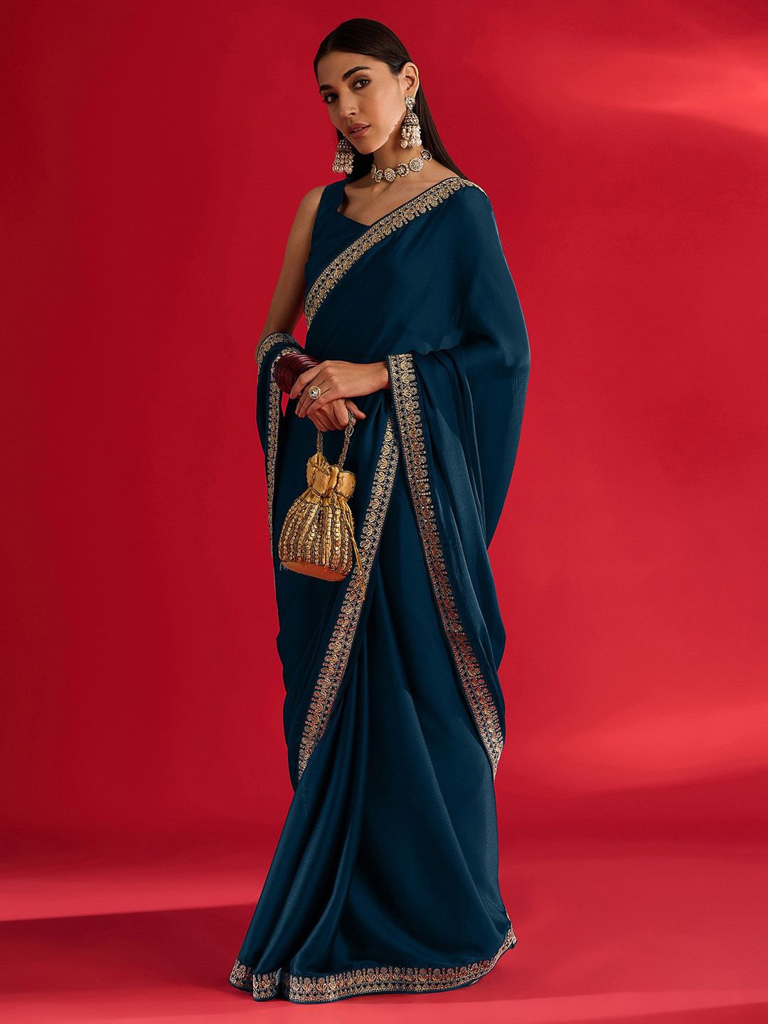 

Mitera Embroidered Satin Saree, Blue