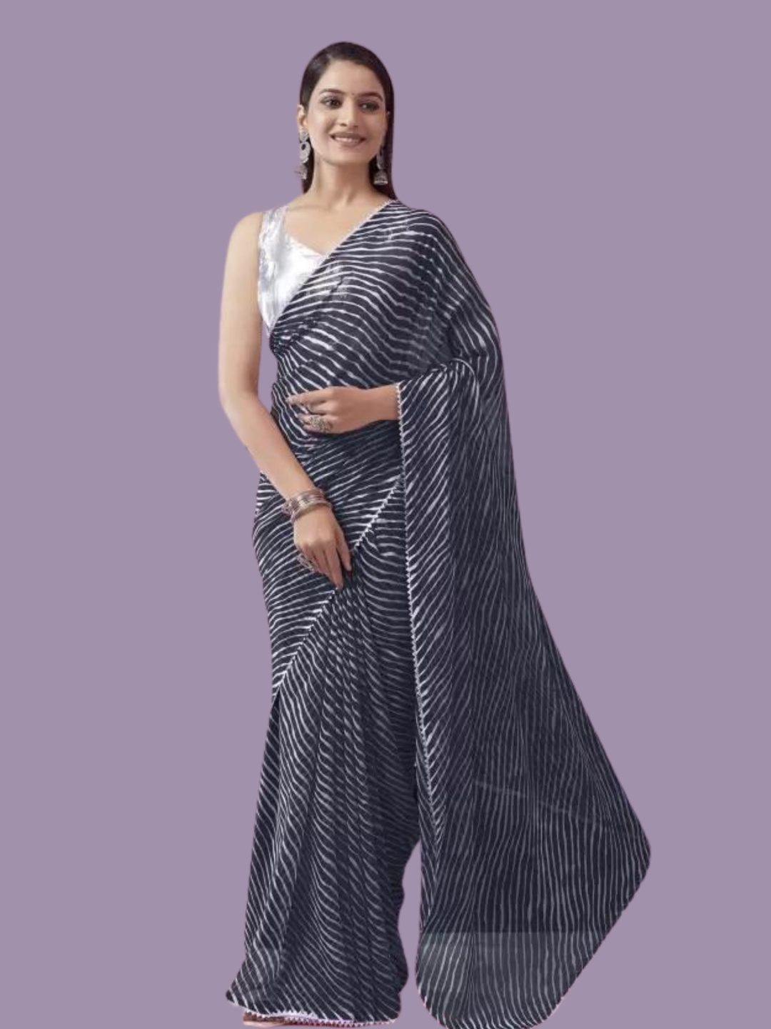 

MAGMINA Leheriya Gotta Patti Poly Georgette Leheriya Saree, Navy blue