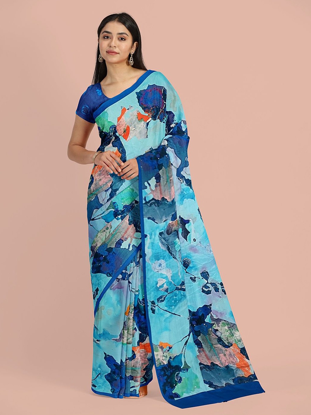 

Avyay Creation Floral Printed Silk Crepe Saree, Blue