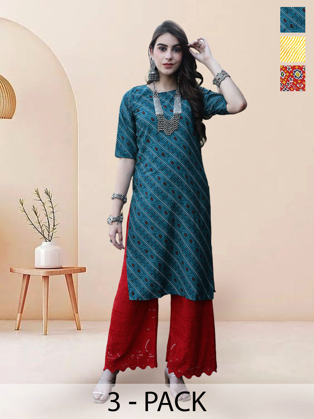 

7Threads Selection Of 3 Ethnic Motifs Printed Round Neck Straight Kurtas, Blue
