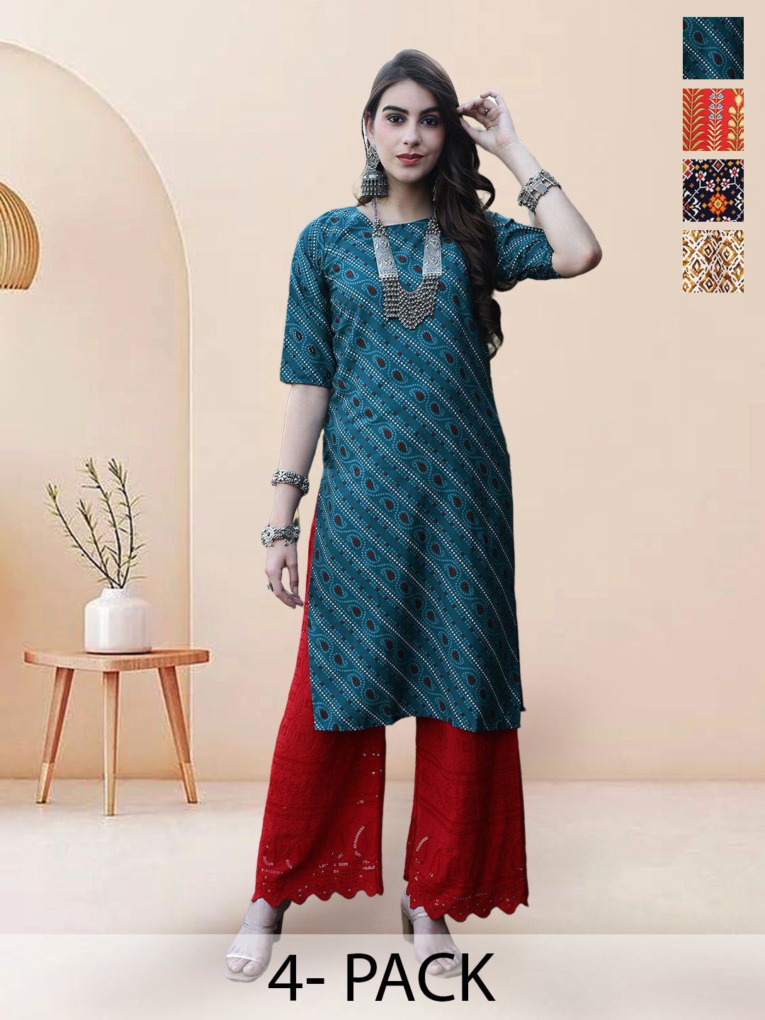 

7Threads Selection Of 4 Ethnic Motifs Printed Round Neck Straight Kurta, Blue