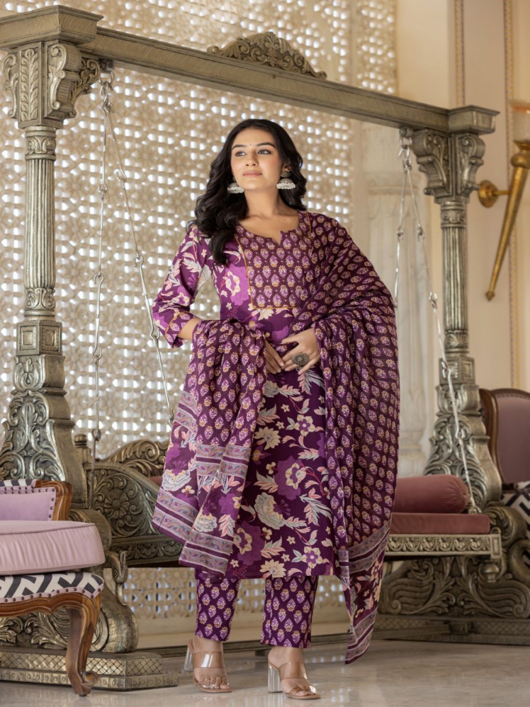 

AARDRAA Floral Printed Mirror Work Pure Cotton Straight Kurta With Trousers & Dupatta, Purple