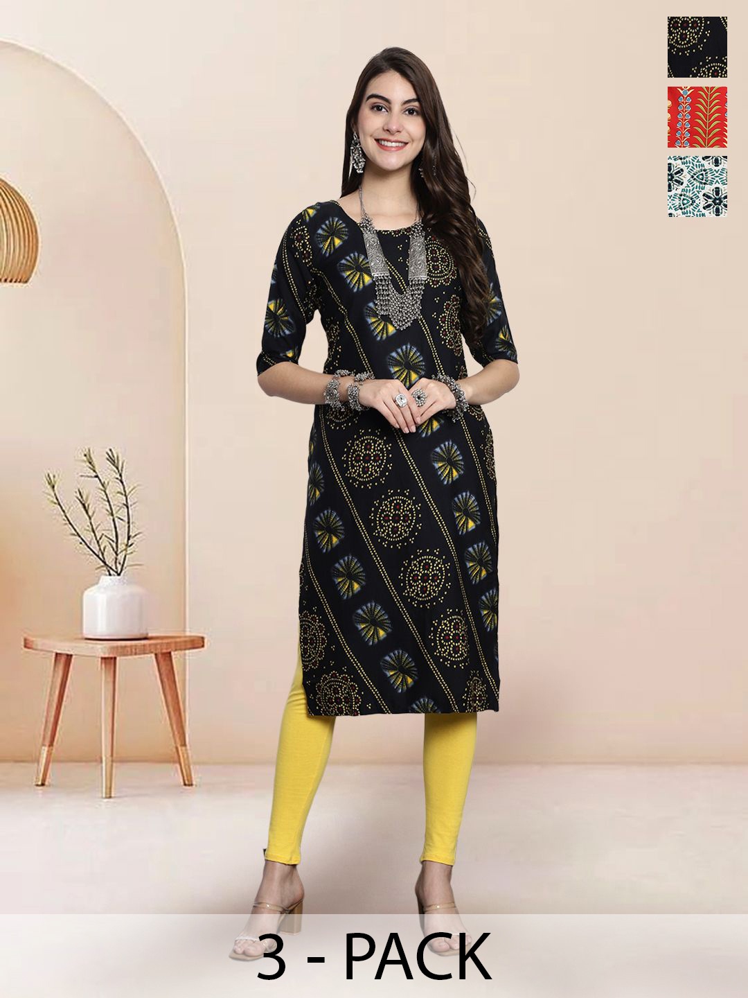 

7Threads Selection Of 3 Ethnic Motifs Printed Round Neck Kurtas, Black