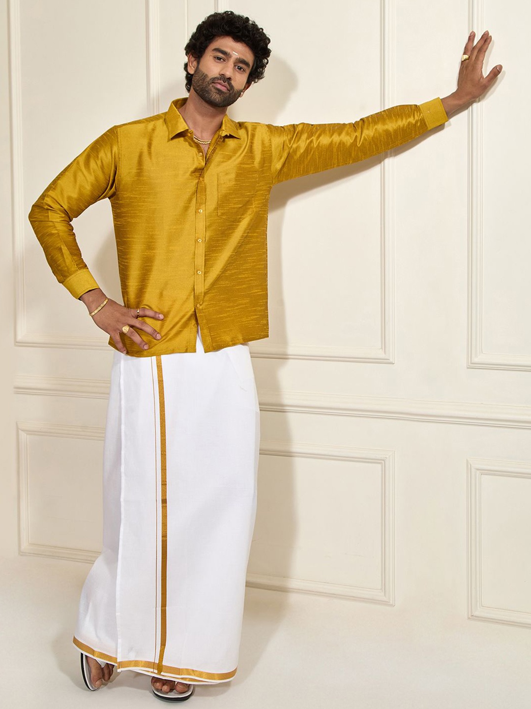 

VASTRAMAY Shirt Collar Long Roll-Up Sleeves Shirt With Veshti, Mustard