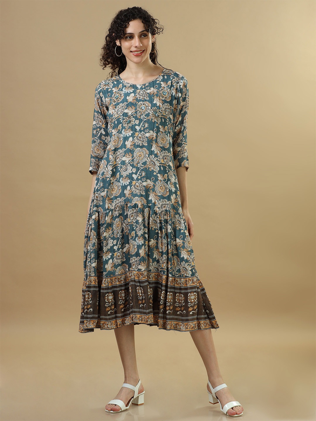 

Hassu's Ethnic Motifs Print A-Line Midi Dress, Teal