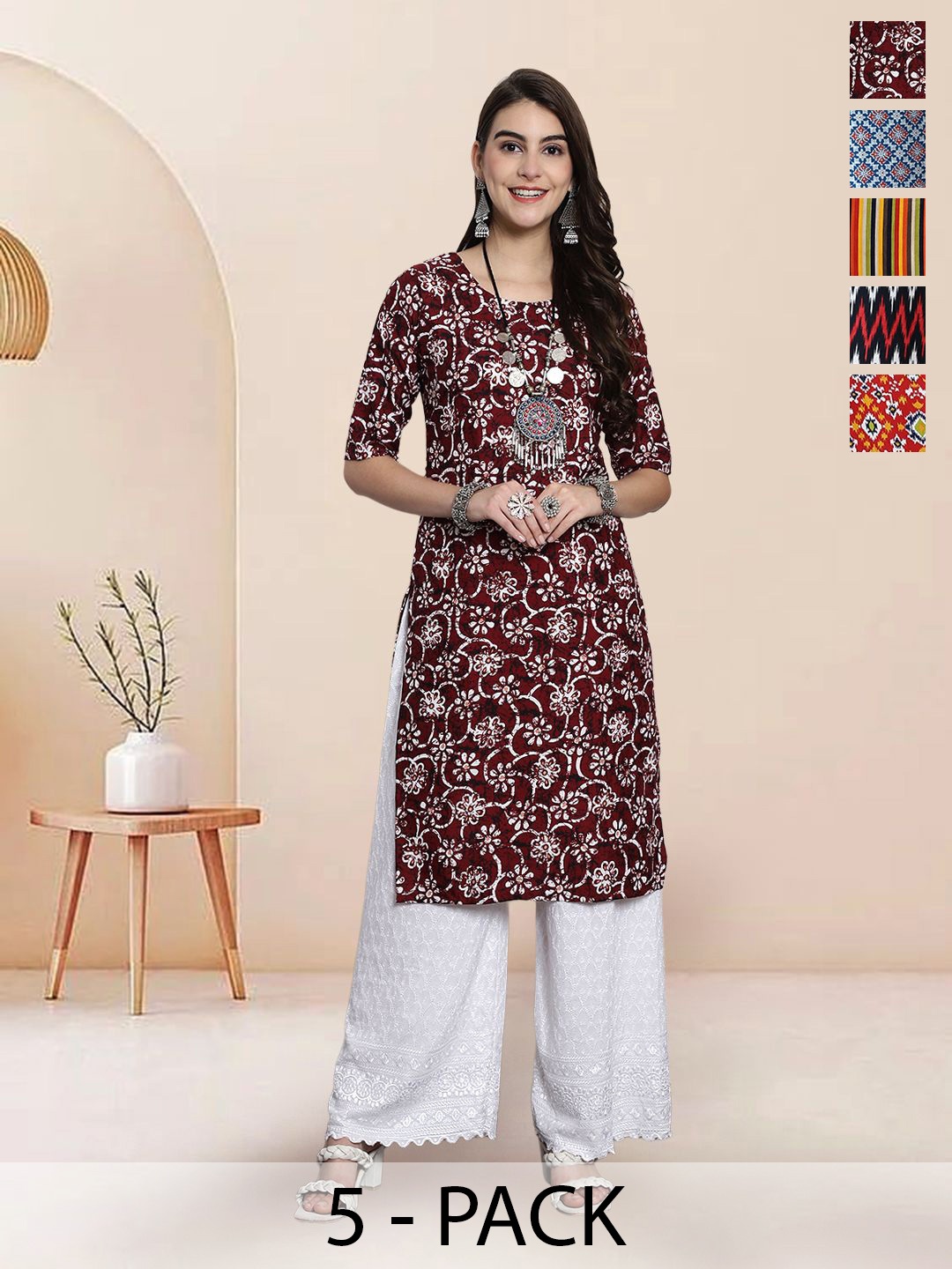 

7Threads Selection of 5 Floral Printed Round Neck Straight Kurtas, Maroon