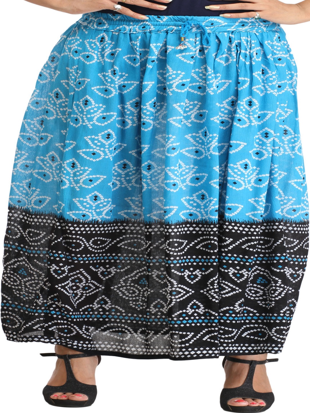 

Exotic India Bandhani Printed Cotton Double Shaded Flared Maxi Skirts, Blue