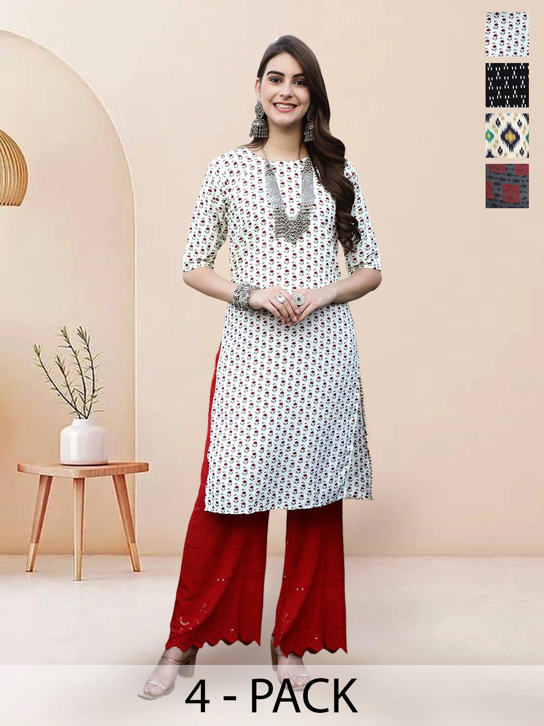 

7Threads Selection Of 4 Floral Printed Round Neck Kurtas, White