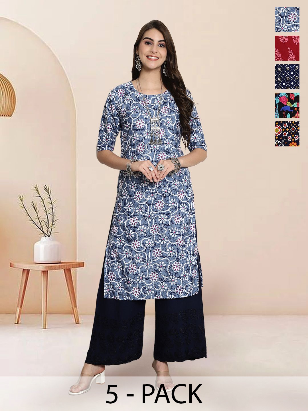 

7Threads Selection Of 5 Floral Printed Round-Neck Kurta, Blue