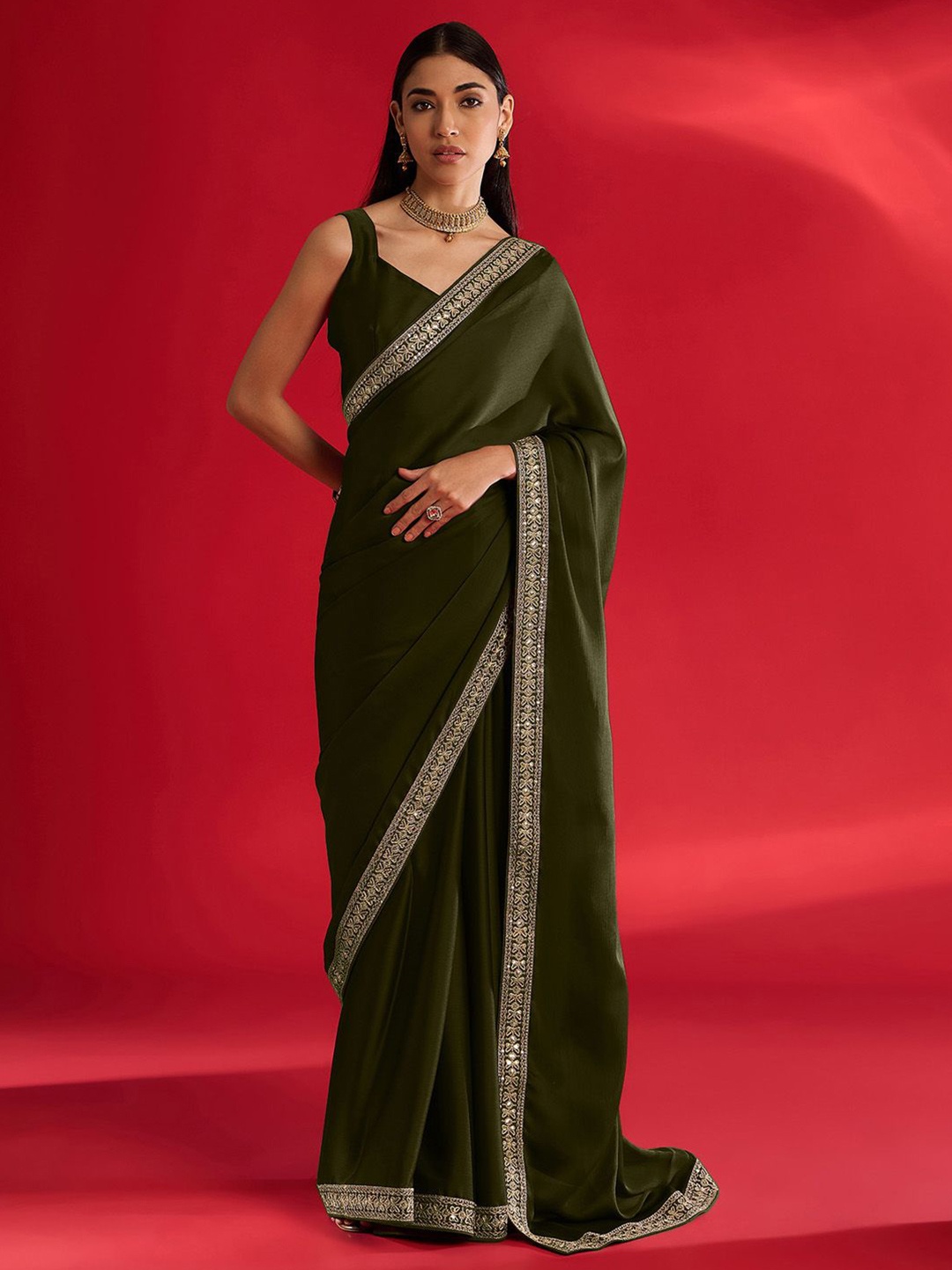 

Mitera Embroidered Satin Saree, Olive