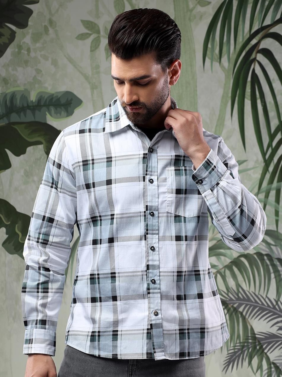 

Kotty Men Spread Collar Tartan Checked Casual Shirt, White