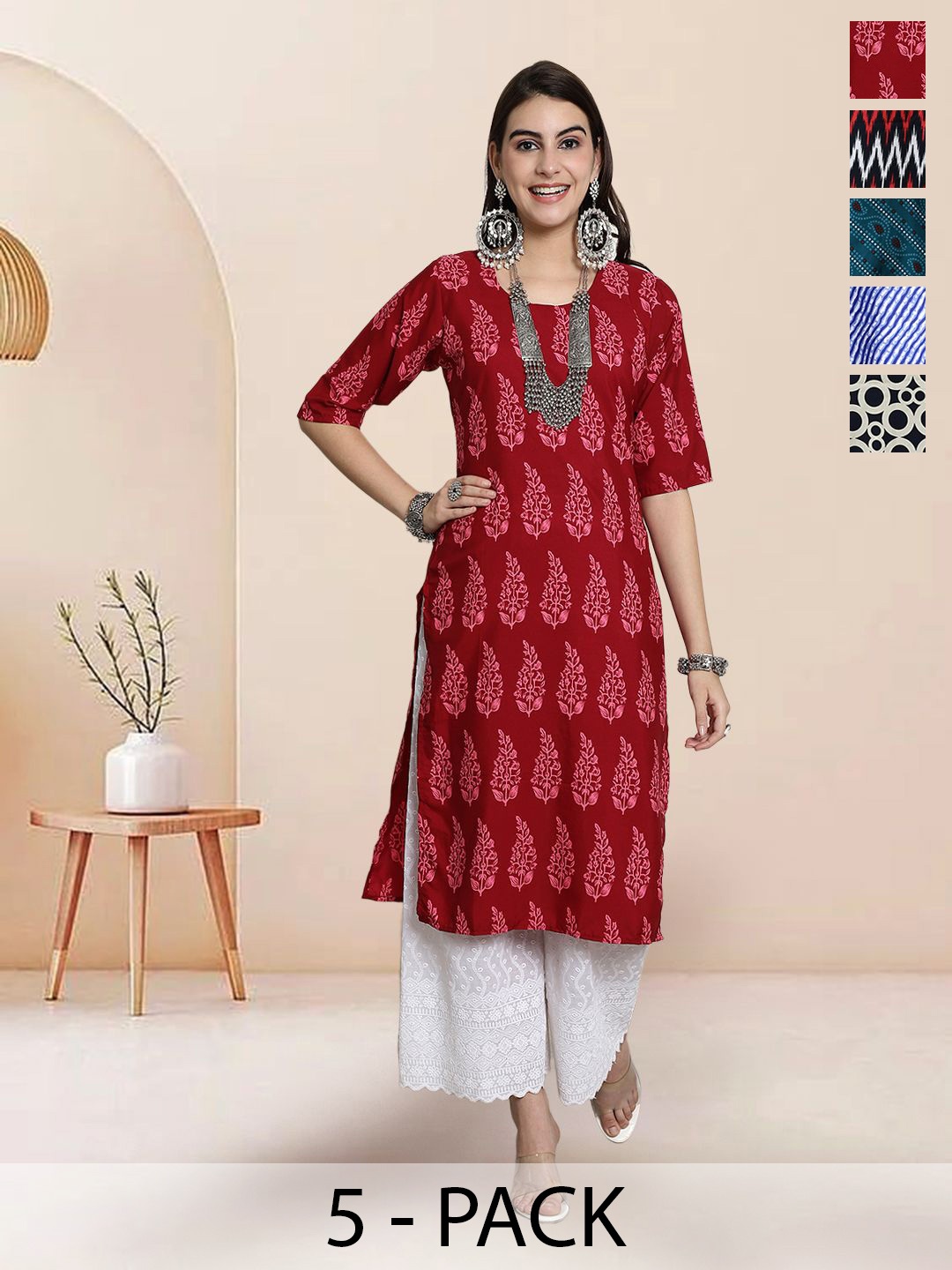 

7Threads Selection Of 5 Floral Printed Round Neck Straight Kurtas, Red