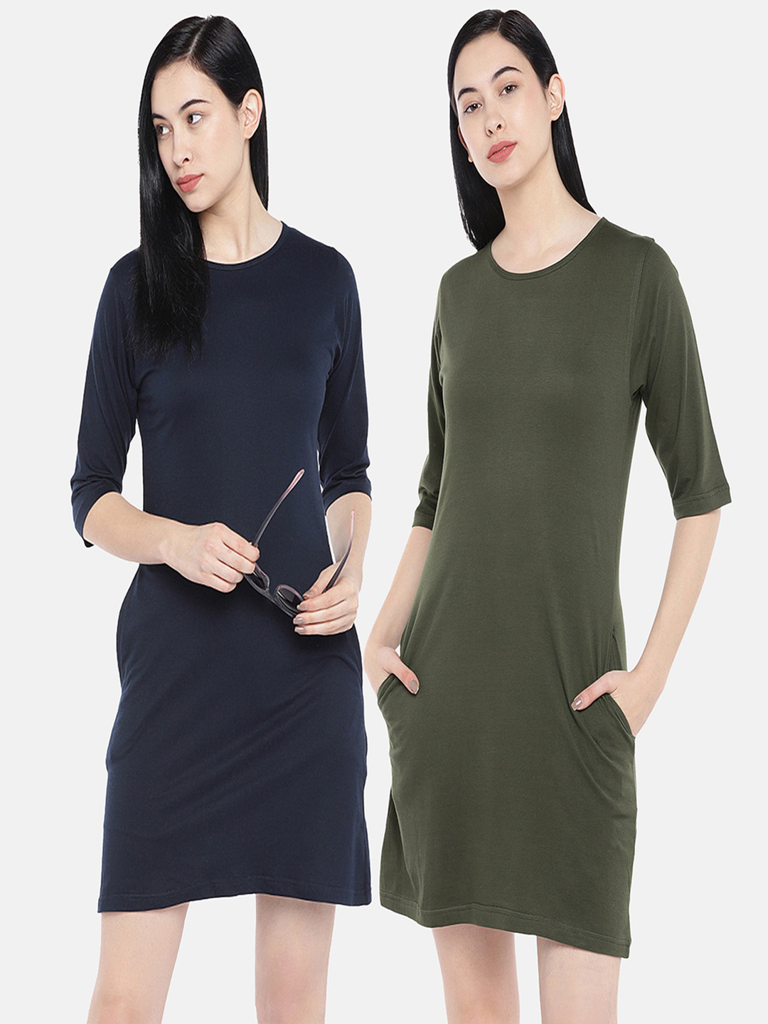 

STATUS MANTRA Pack of 2 Round Neck Pure Cotton T-shirt Dresses, Navy blue