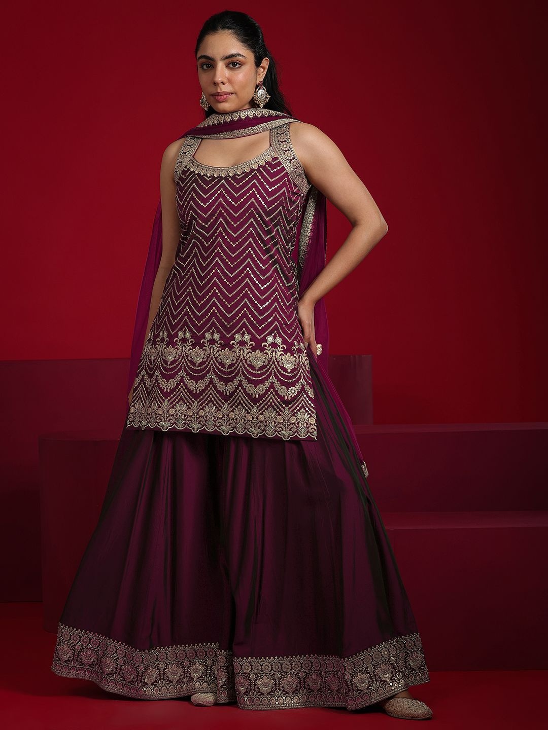 

Libas Art Chevron Embroidered Sequinned Straight Kurta with Palazzos & Dupatta, Burgundy