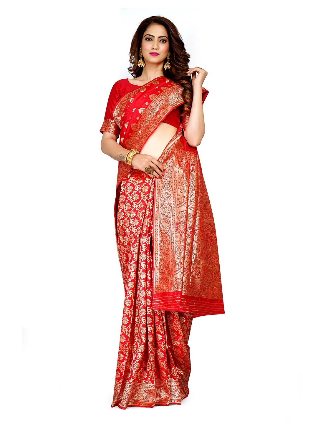 

Melok Woven Design Zari Silk Blend Ready to Wear Banarasi Saree, Red