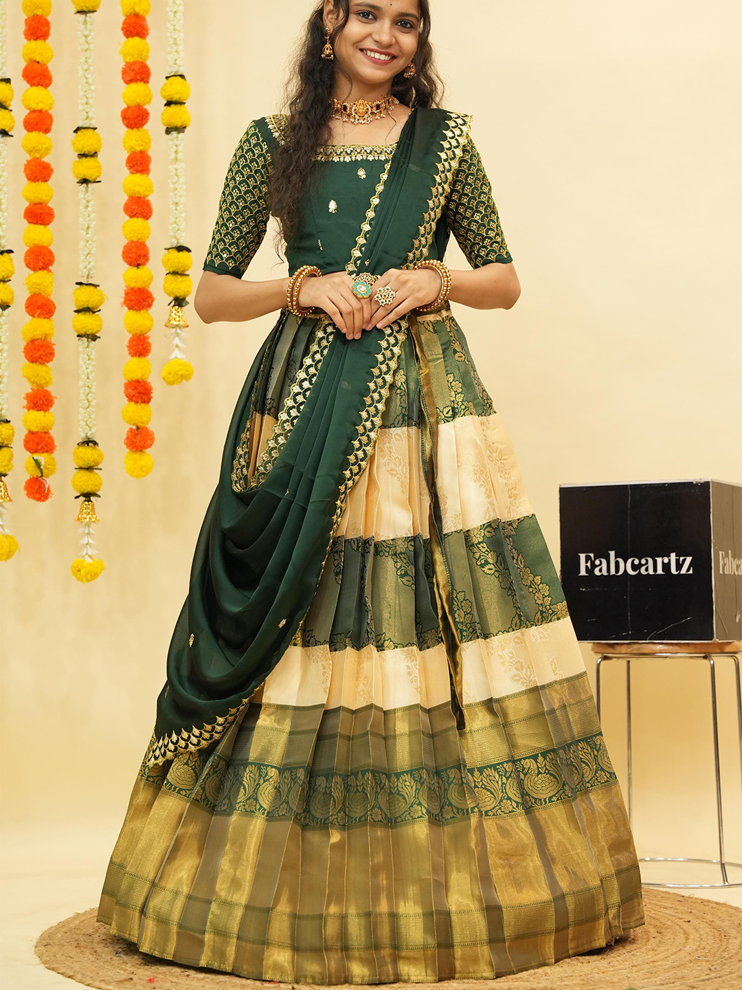 

Fabcartz Embroidered Zari Semi-Stitched Lehenga & Unstitched Blouse With Dupatta, Cream