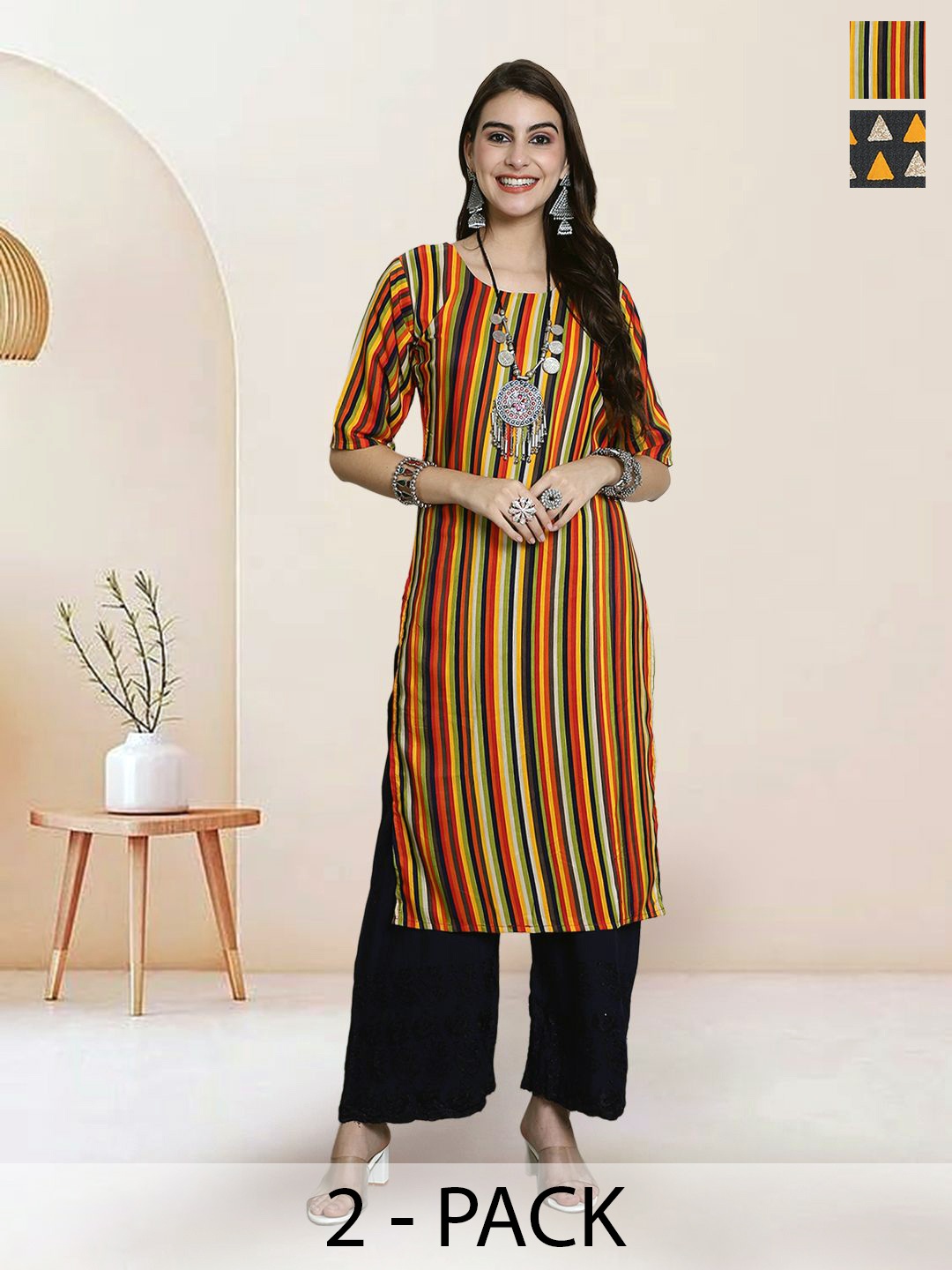 

7Threads Selection Of 2 Striped Round Neck Straight Kurtas, Orange
