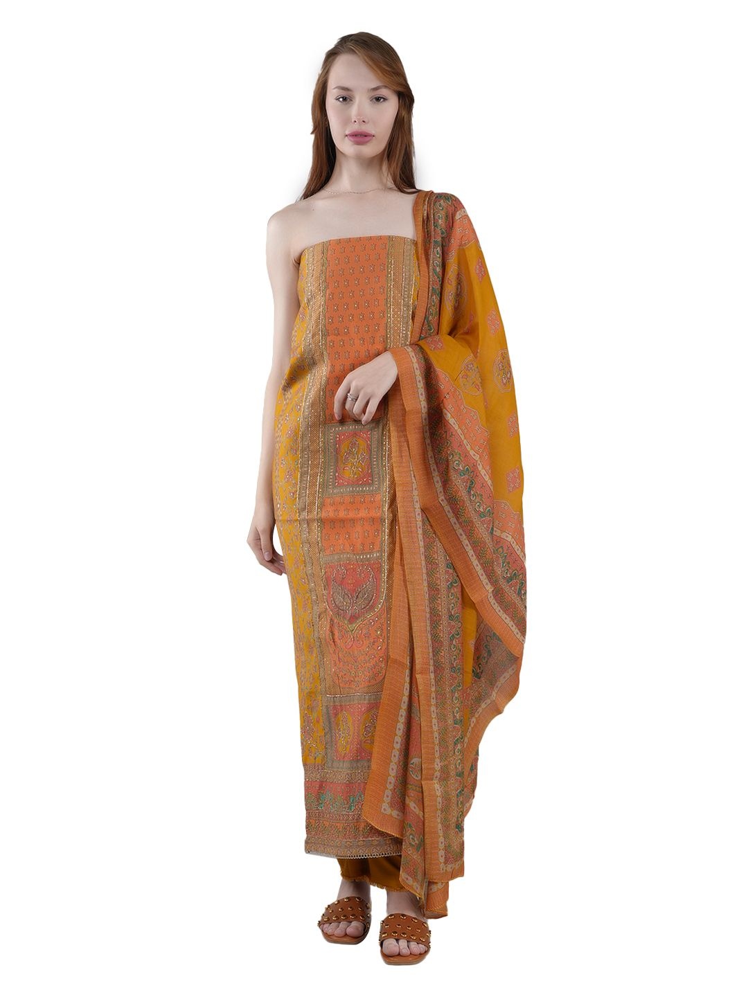 

MOZAFIA Floral Printed Sequinned Unstitched Dress Material, Yellow