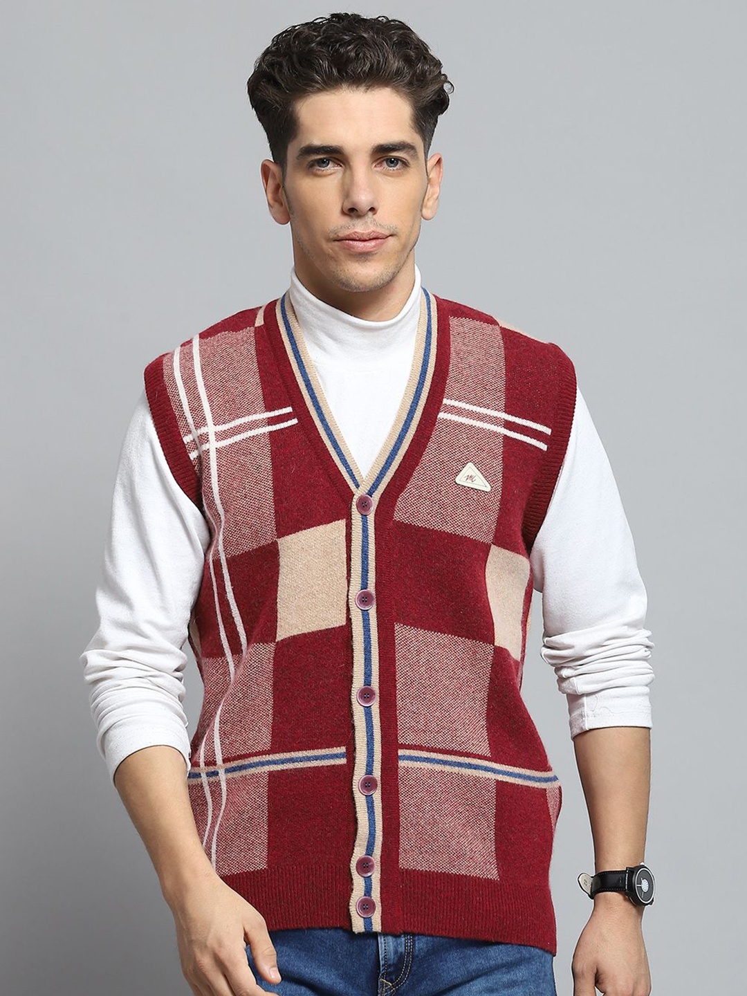 

Monte Carlo Men Checked Woollen Cardigan, Maroon