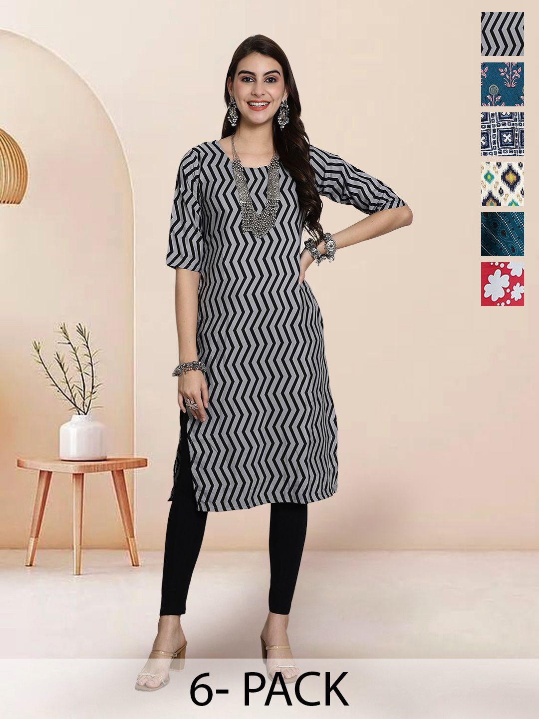 

7Threads Selection Of 6 Chevron Printed Round Neck Straight Kurtas, Black