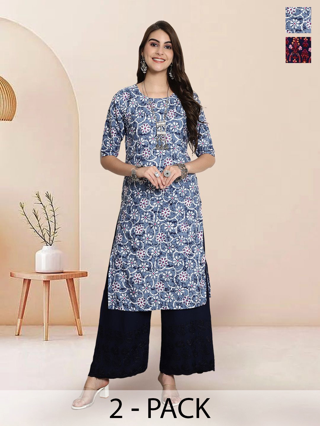 

7Threads Selection Of 2 Floral Printed Round Neck Straight Kurtas, Blue