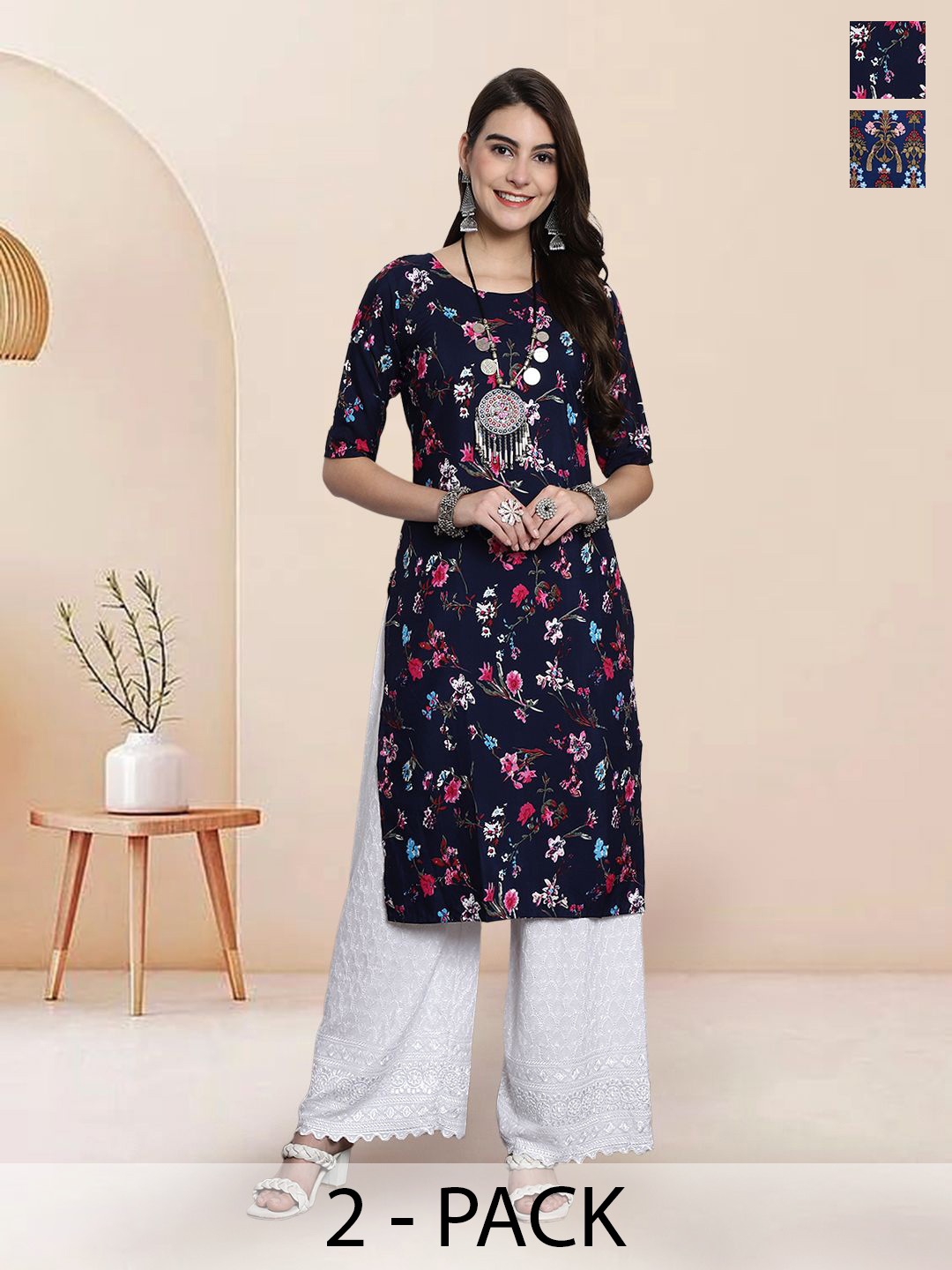 

7Threads Selection Of 2 Floral Printed Round-Neck Kurta, Navy blue
